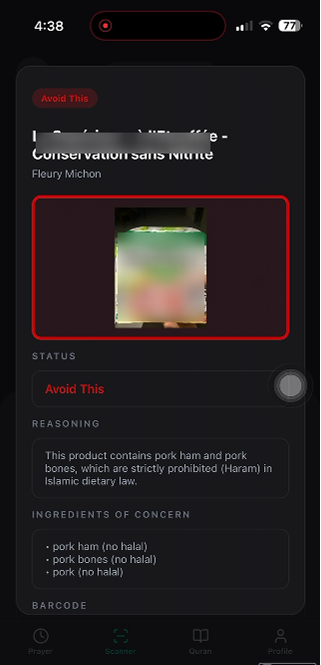 Scanner result showing a product to avoid