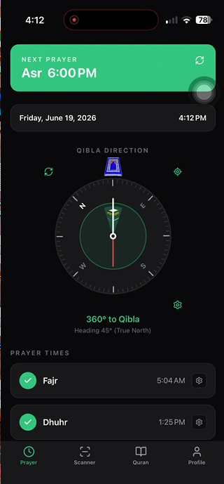 PureDeen Prayer tab showing Qibla compass and next prayer