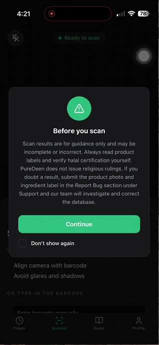 PureDeen scanner disclaimer before scanning