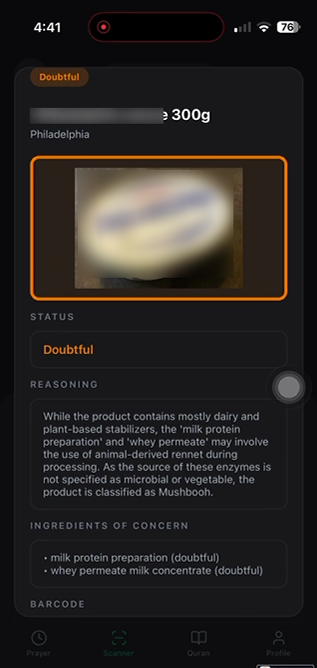 Scanner result showing a doubtful product