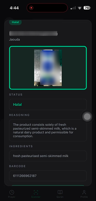 Scanner result showing a Halal product