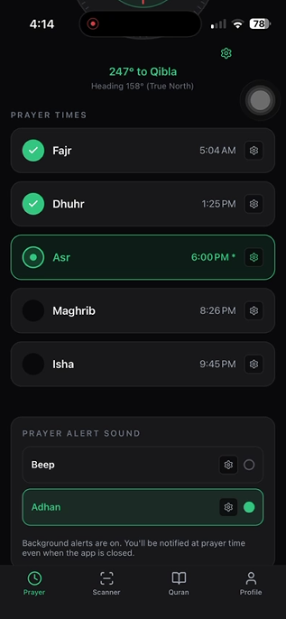 PureDeen Prayer tab showing full prayer schedule and alert settings