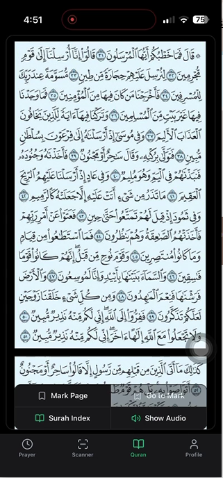 PureDeen Quran toolbar with Mark Page, Surah Index, and Show Audio