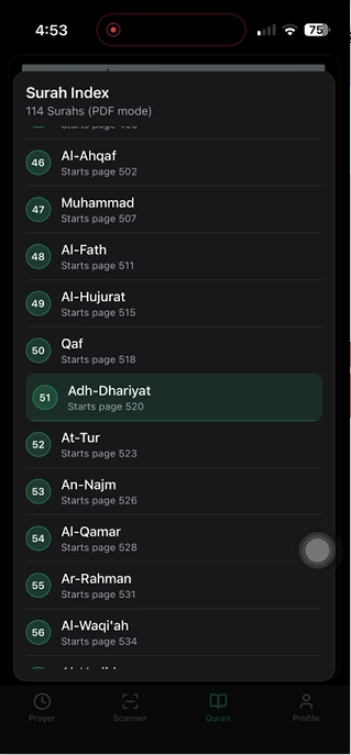 PureDeen Quran Surah Index listing all 114 surahs