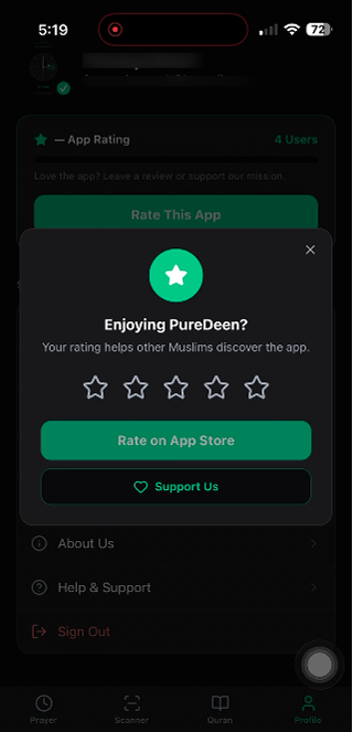 PureDeen rate the app prompt