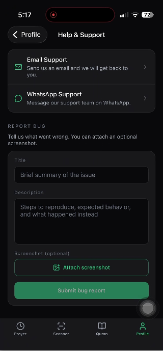 PureDeen Help and Support bug report form
