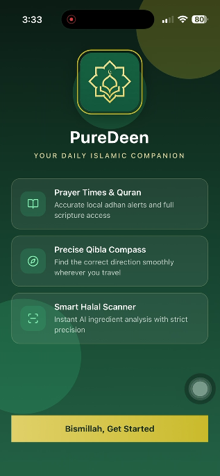 PureDeen welcome screen with app features overview
